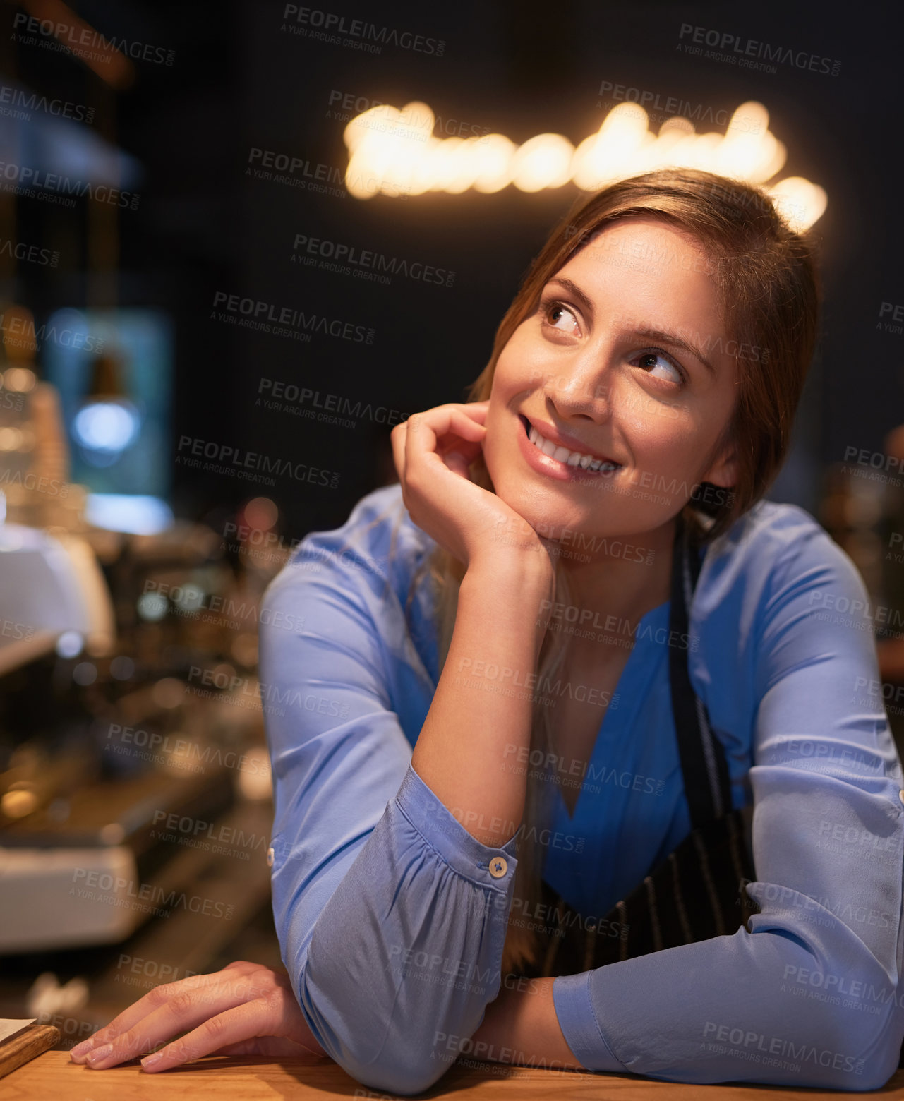 Buy stock photo Barista, happy woman and thinking in coffee shop, deli and cafe for idea, opinion and thoughts. Female manager, waitress and vision for products in diner, restaurant and small business for dream