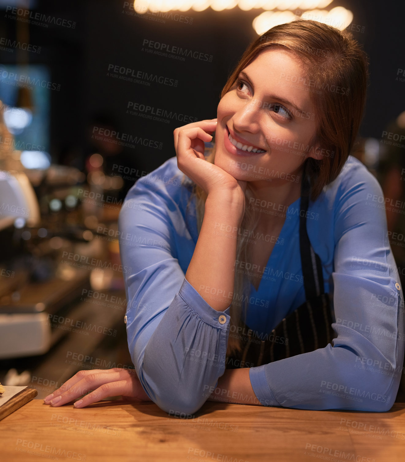 Buy stock photo Thinking, happy woman and barista in coffee shop, deli and cafe for idea, opinion and thoughts. Female manager, waitress and vision for products in diner, restaurant and small business for dream