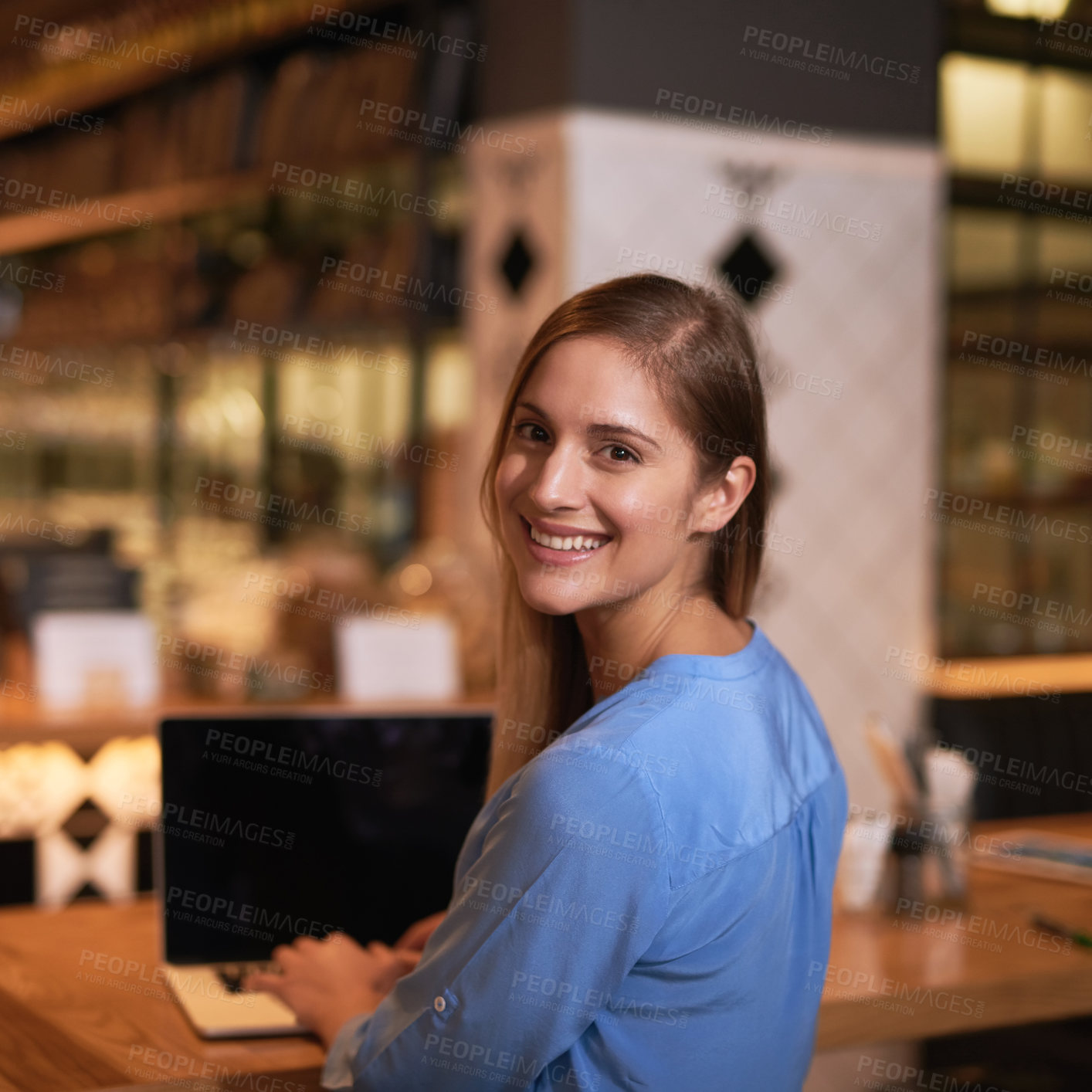 Buy stock photo Woman, portrait and coffee shop with laptop or screen, freelancer and entrepreneur networking on website. Happy, break and relax in internet cafe or typing, creative and businesswoman or copywriter