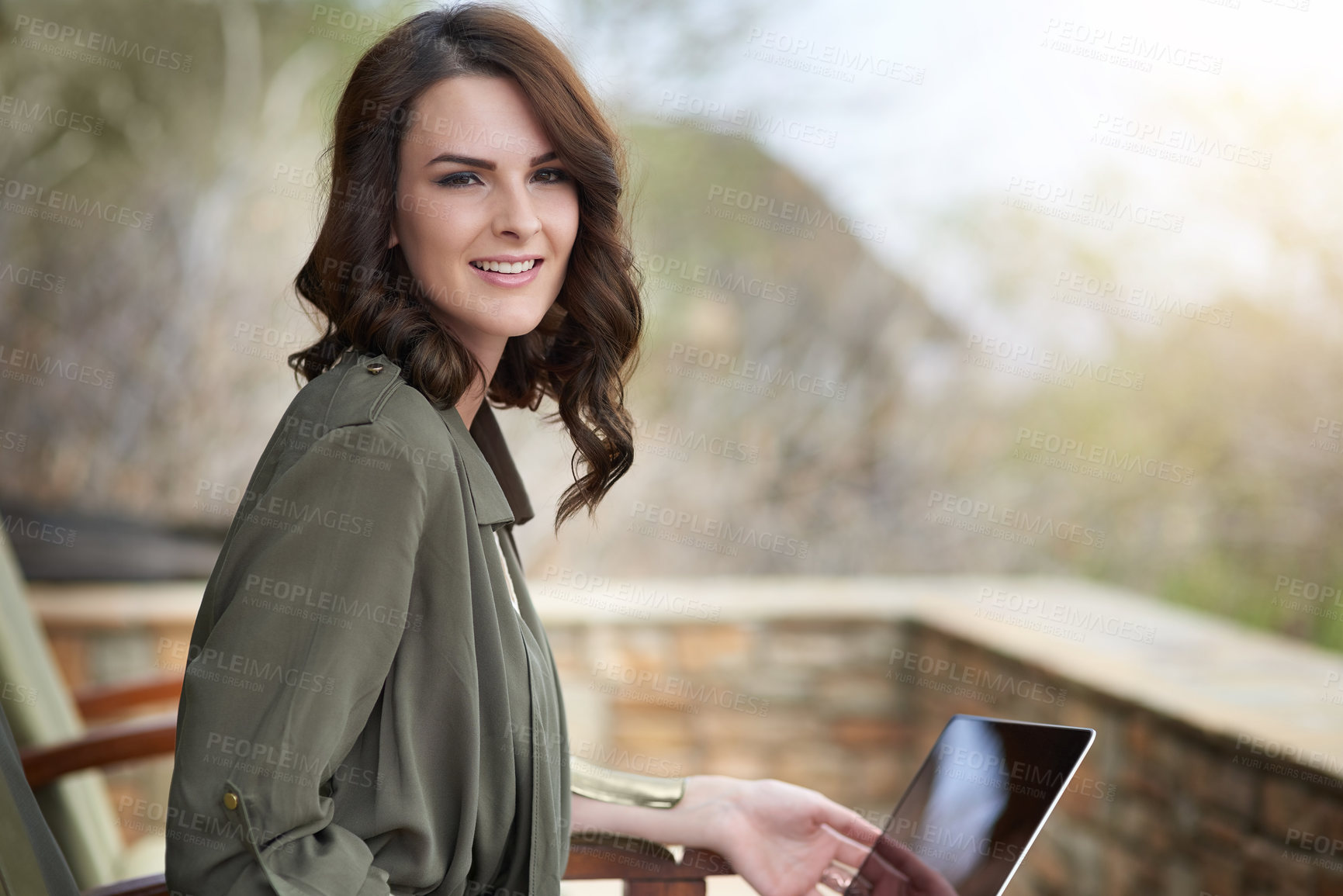 Buy stock photo Woman, portrait and smile outside with laptop for travel journal with pride for social media job on weekend. Blog, nature and animal rights activist or wildlife conservationist with online profile.