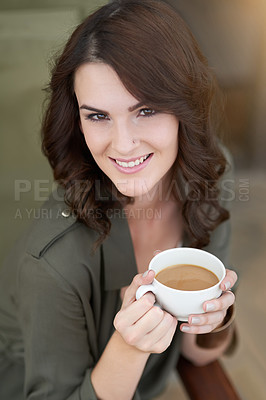 Buy stock photo Woman, relax and portrait with tea in cafe with happiness in calm morning schedule. Girl, face and drink latte at coffee shop with smile or enjoy hot chocolate from small business and restaurant