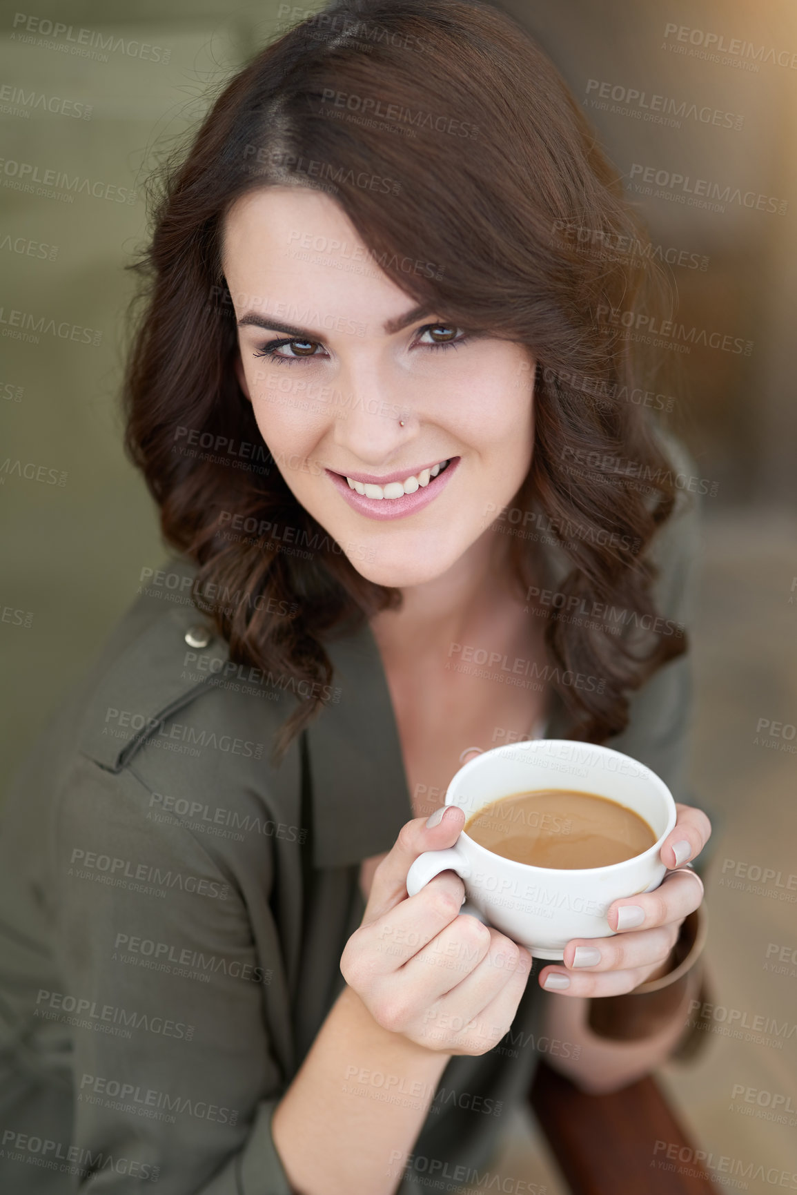 Buy stock photo Woman, relax and portrait with tea in cafe with happiness in calm morning schedule. Girl, face and drink latte at coffee shop with smile or enjoy hot chocolate from small business and restaurant