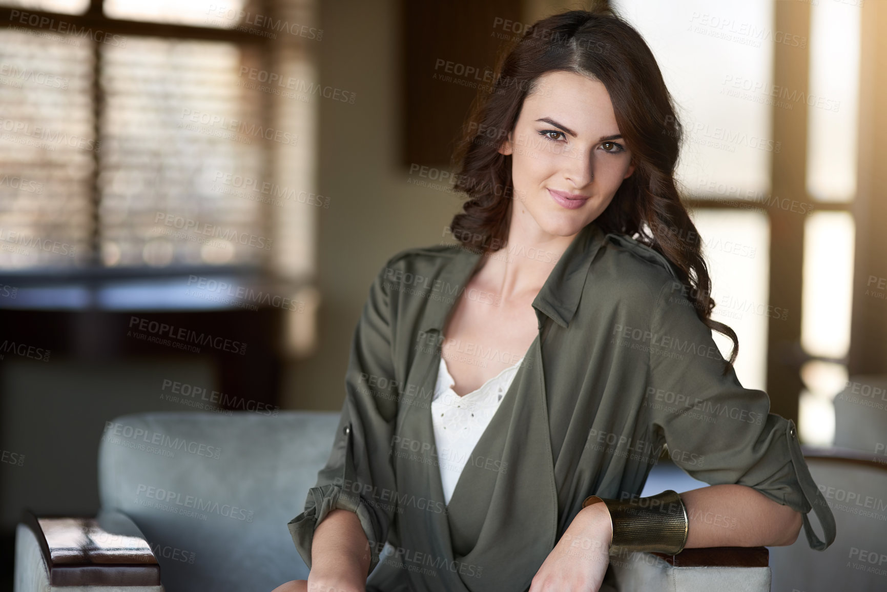 Buy stock photo Girl, smile and relax with portrait on sofa in new house for sale, realtor and broker with apartment for investment. Woman, real estate agent and home for selling on market and listing property.