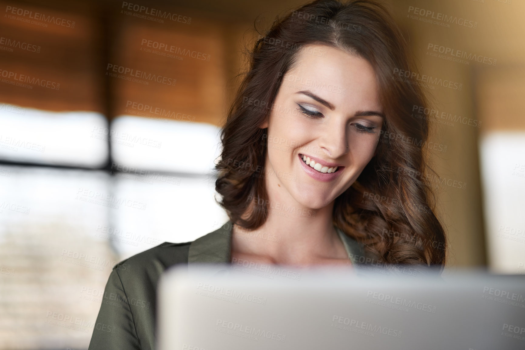 Buy stock photo Woman, happy and online with laptop in home for remote work, task and finish project for company. Girl, relax and internet for emails or research, reports and communication for business in house.