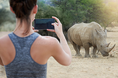 Buy stock photo Rearview shot of an unidentifiable young woman taking a picture of a rhinoceros in the wild