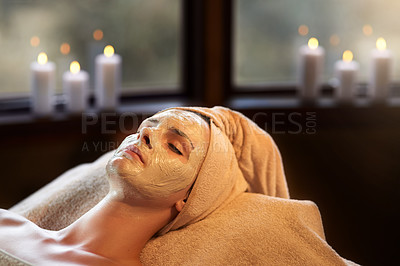 Buy stock photo Spa, woman and face mask for skincare, relax and facial treatment in resort or salon. Beauty, natural an luxury for female person, sleep and hotel for dermatology detox and exfoliate product