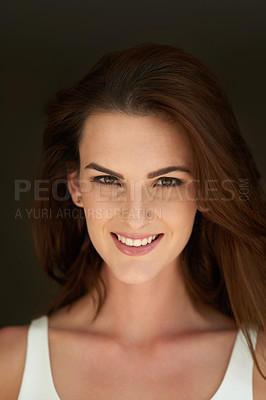 Buy stock photo Happy, beauty and portrait of woman in studio with smile for confidence, pride and wellness. Beauty, skincare and face of isolated, attractive and beautiful person with cosmetics on gray background