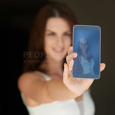 Buy stock photo Phone screen, selfie and woman in house with morning, memory and wake up with social media profile picture. Smartphone, photoshoot and gen z girl influencer at home with app for blog content creation