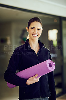 Buy stock photo Cropped portrait of an attractive young woman on her way to yoga