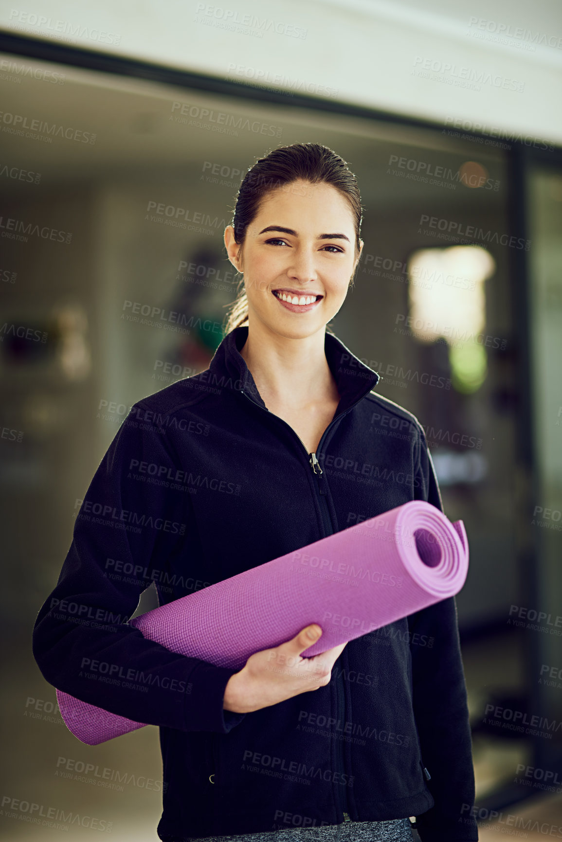 Buy stock photo Gym, class and portrait of woman with yoga mat for exercise, fitness and healthy routine. Pilates, club and girl with smile and equipment for workout in morning with benefits to energy and happiness