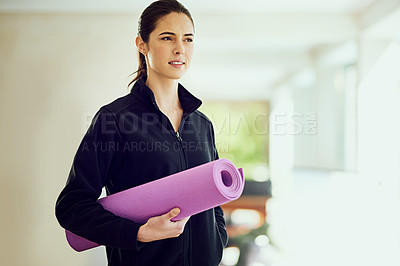 Buy stock photo Cropped shot of an attractive young woman on her way to yoga
