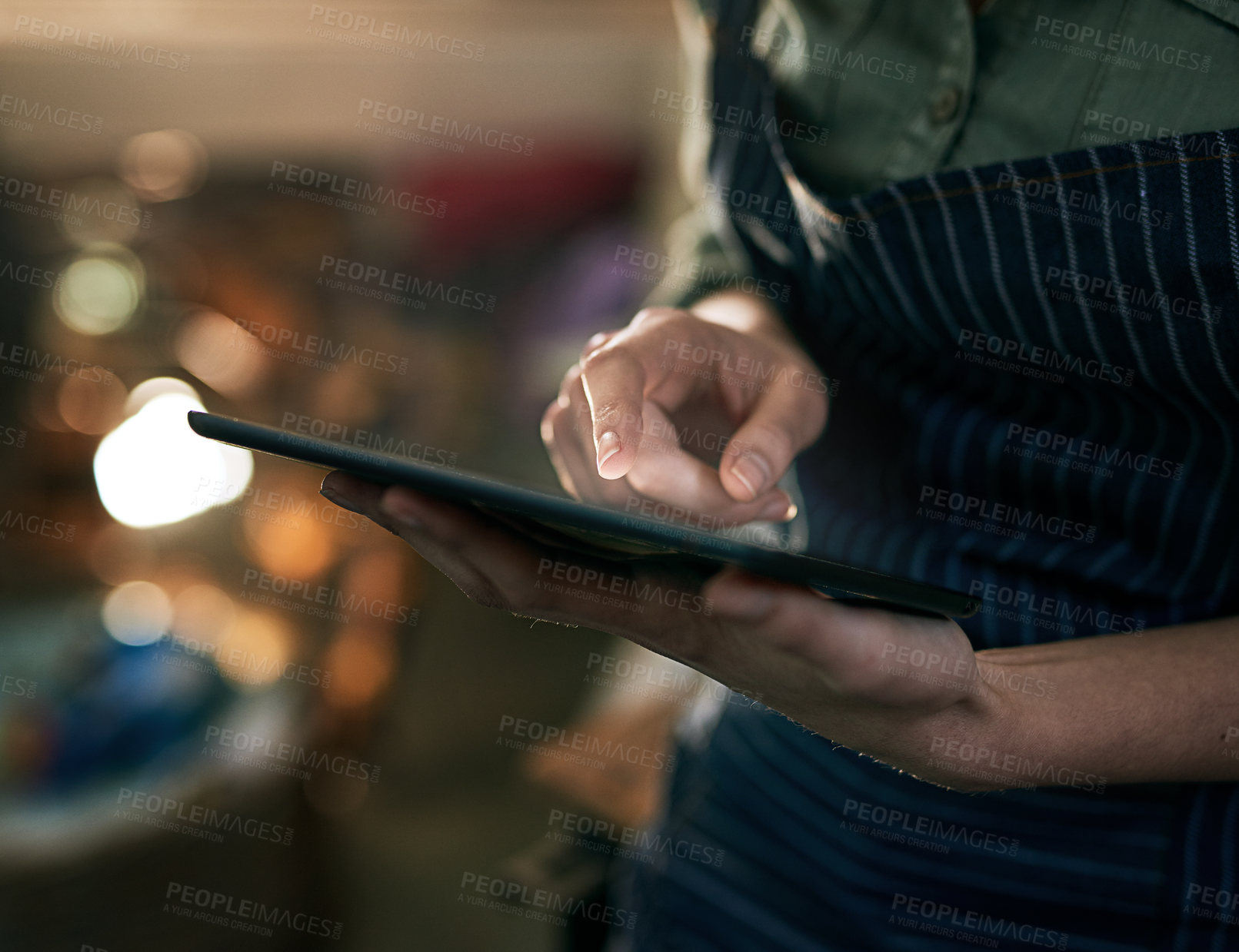 Buy stock photo Hands, carpenter and digital tablet in workshop for planning, online inspiration and ideas with tech. Woodworker, person and research for manufacturing, creative design and information with scroll