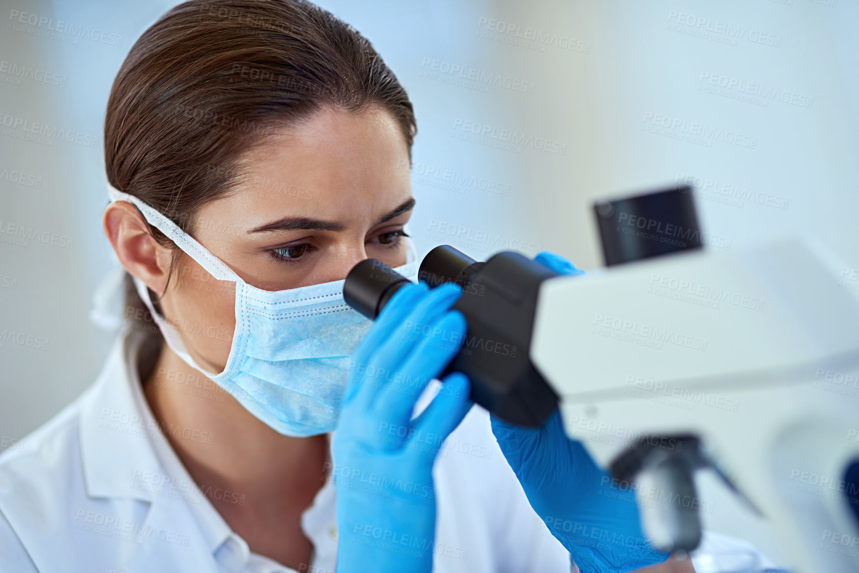 Buy stock photo Science, laboratory and woman with microscope for healthcare, medical study and medicine development. Hospital, pharmaceutical and scientist with equipment for discovery, experiment and sample