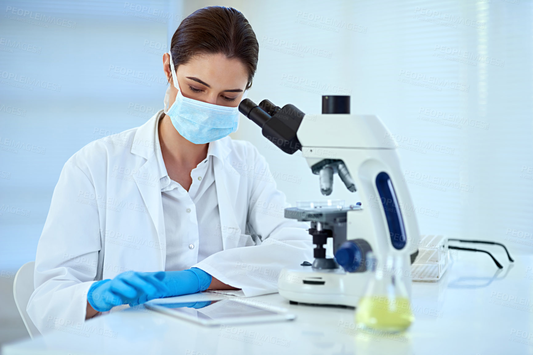 Buy stock photo Shot of a female scientist working alone in the lab