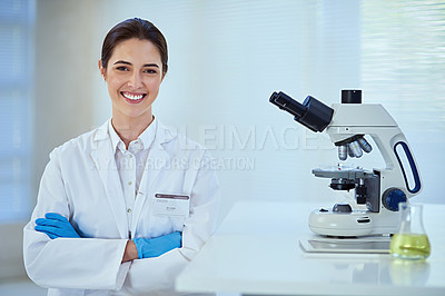 Buy stock photo Portrait, science and woman in lab, arms crossed and research for breakthrough, microscope or vaccine. Face, person or employee with biotech, scientist and chemistry with test, expert and equipment