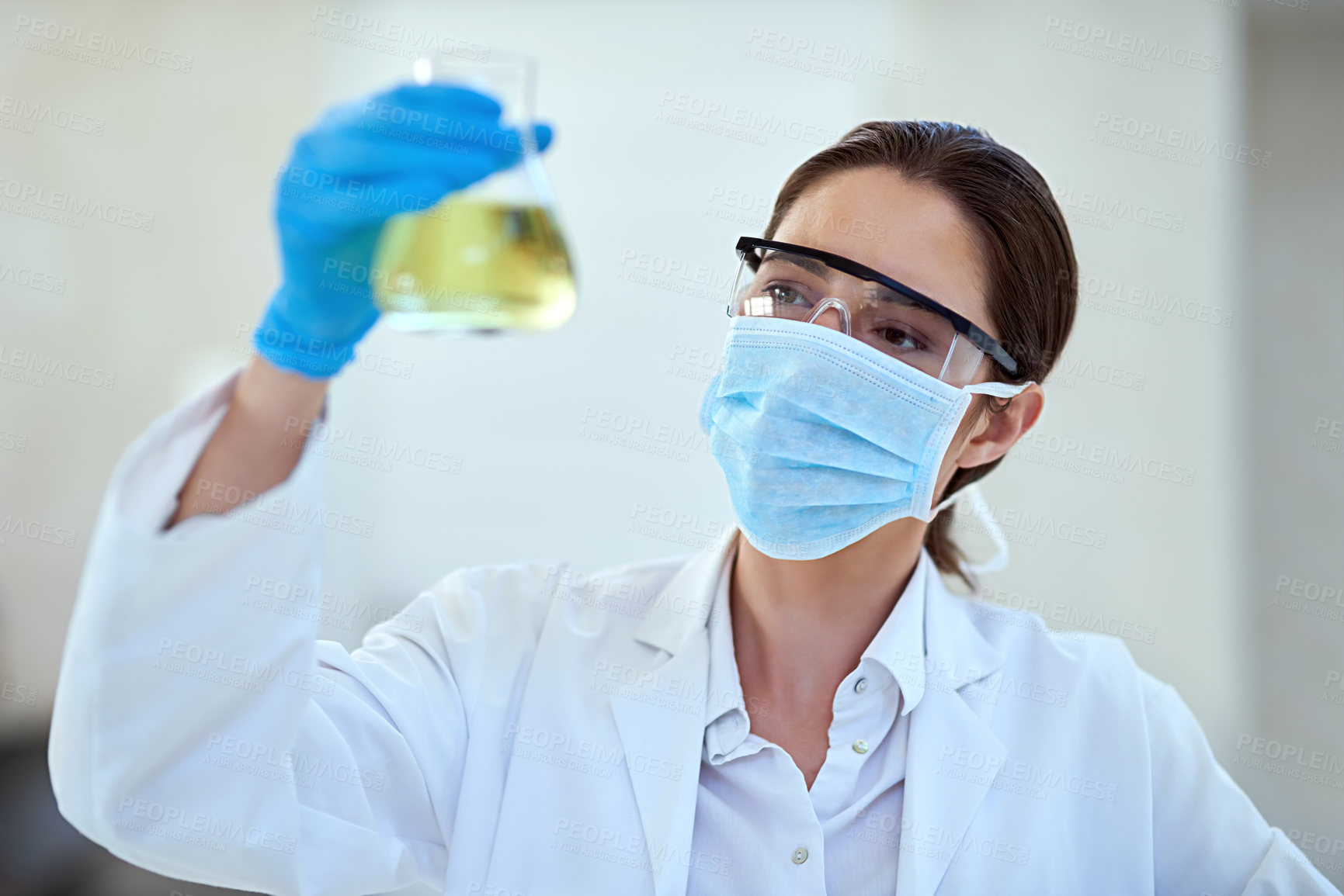 Buy stock photo Woman, scientist and chemical in glass for scientific sample, reaction and research. Healthcare, musk and test tube with experiment study or innovation for vaccine, cure and experiment for medicine