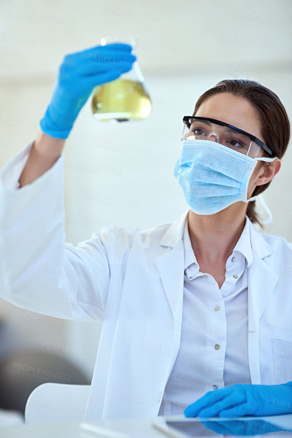 Buy stock photo Woman, scientist and chemical in glass for scientific experiment, reaction and research. Healthcare, mask and test tube with medical study or innovation for vaccine, cure and sample for medicine