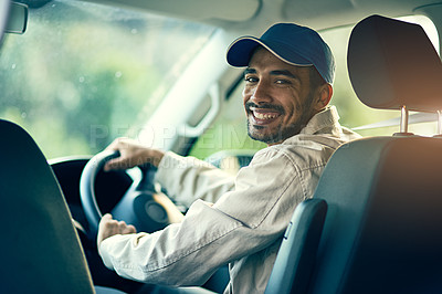 Buy stock photo Portrait of a delivery man driving in his van