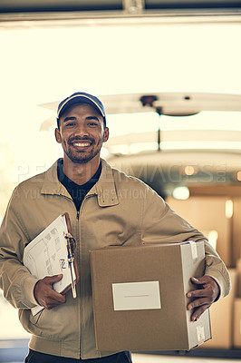 Buy stock photo Portrait of a courier making a delivery