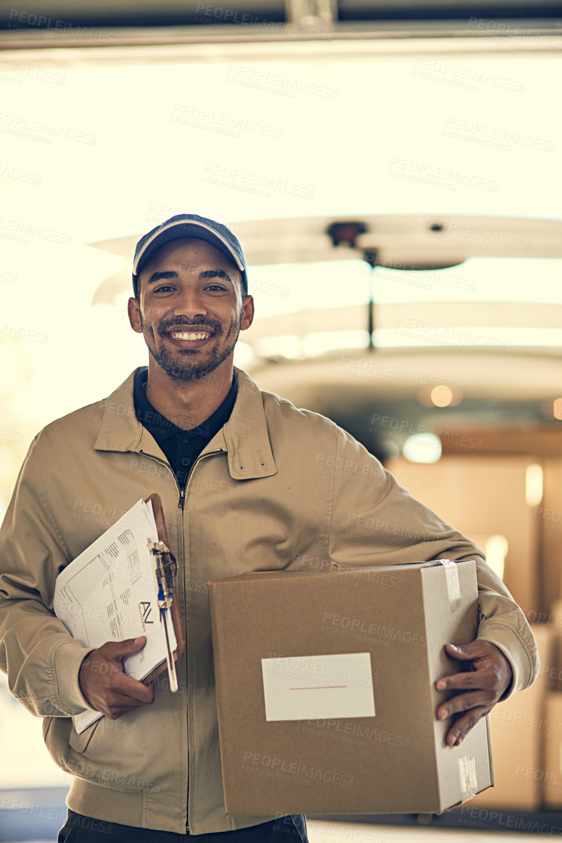 Buy stock photo Portrait, driver or delivery man with checklist for box with cargo, stock or package in van transportation. Parcel order, smile or happy courier with clipboard for supply chain freight in car vehicle