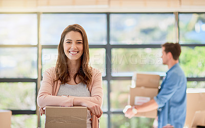 Buy stock photo Woman, portrait and moving house with box, happy couple and real estate for new home or opportunity. Cardboard, rental apartment and property investment together, proud and man carrying parcel