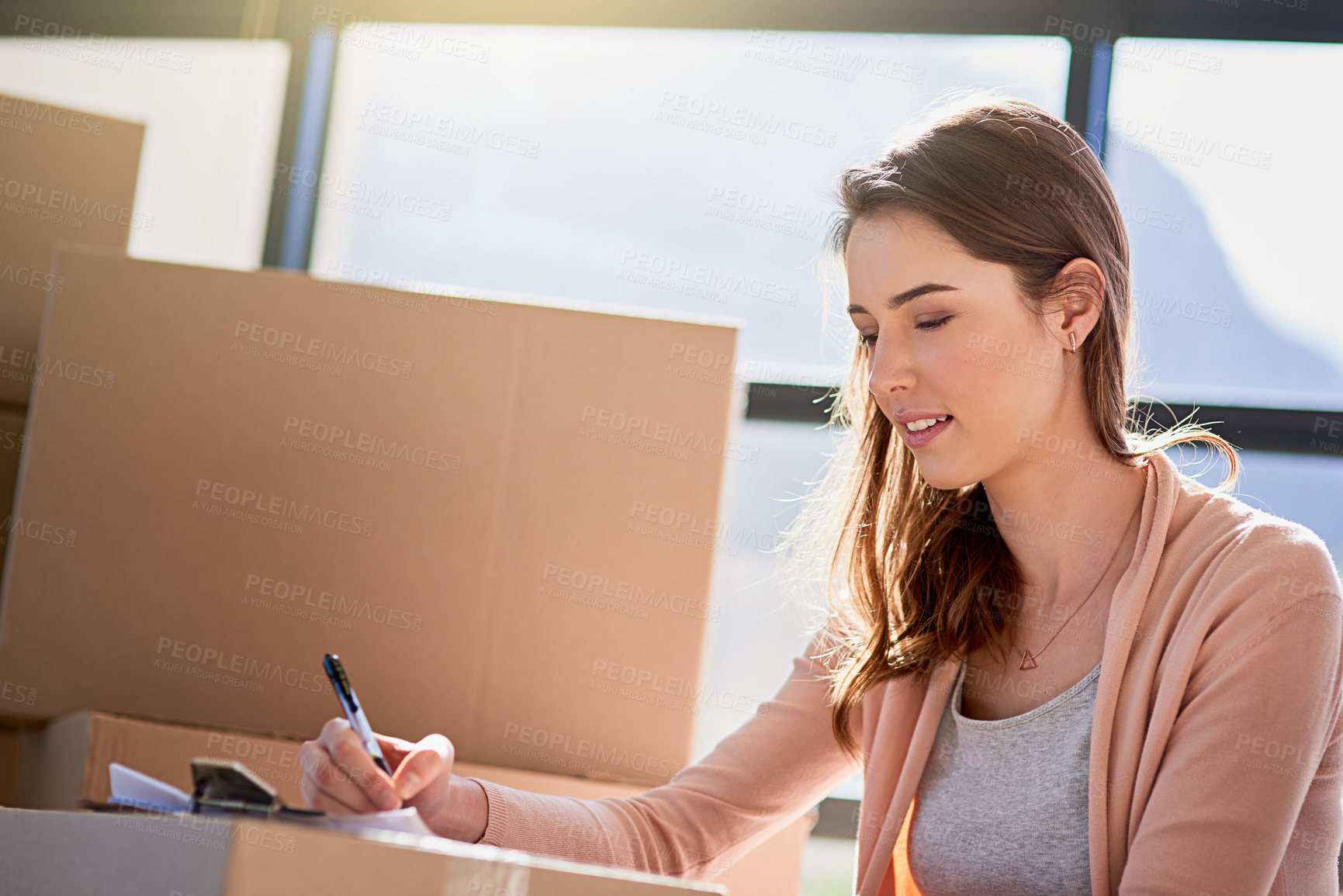 Buy stock photo Smile, woman and box with documents in new home for mortgage loan, property agreement and investment. Happy, female person and thinking in house for real estate, relocation or signature and paperwork