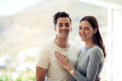Buy stock photo Portrait of a happy young couple at home