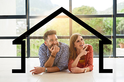 Buy stock photo Shot of a young couple dreaming about a new house