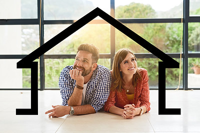 Buy stock photo Shot of a young couple dreaming about a new house