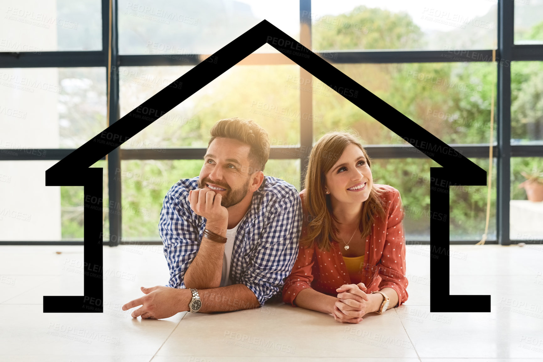 Buy stock photo Shot of a young couple dreaming about a new house