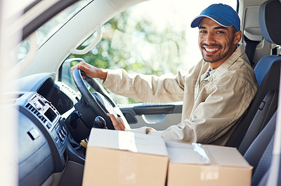Buy stock photo Cropped portrait of a handsome young man making deliveries in his van