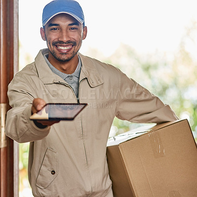 Buy stock photo Cropped portrait of a handsome young man delivering your package