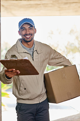 Buy stock photo Cropped portrait of a handsome young man delivering your package