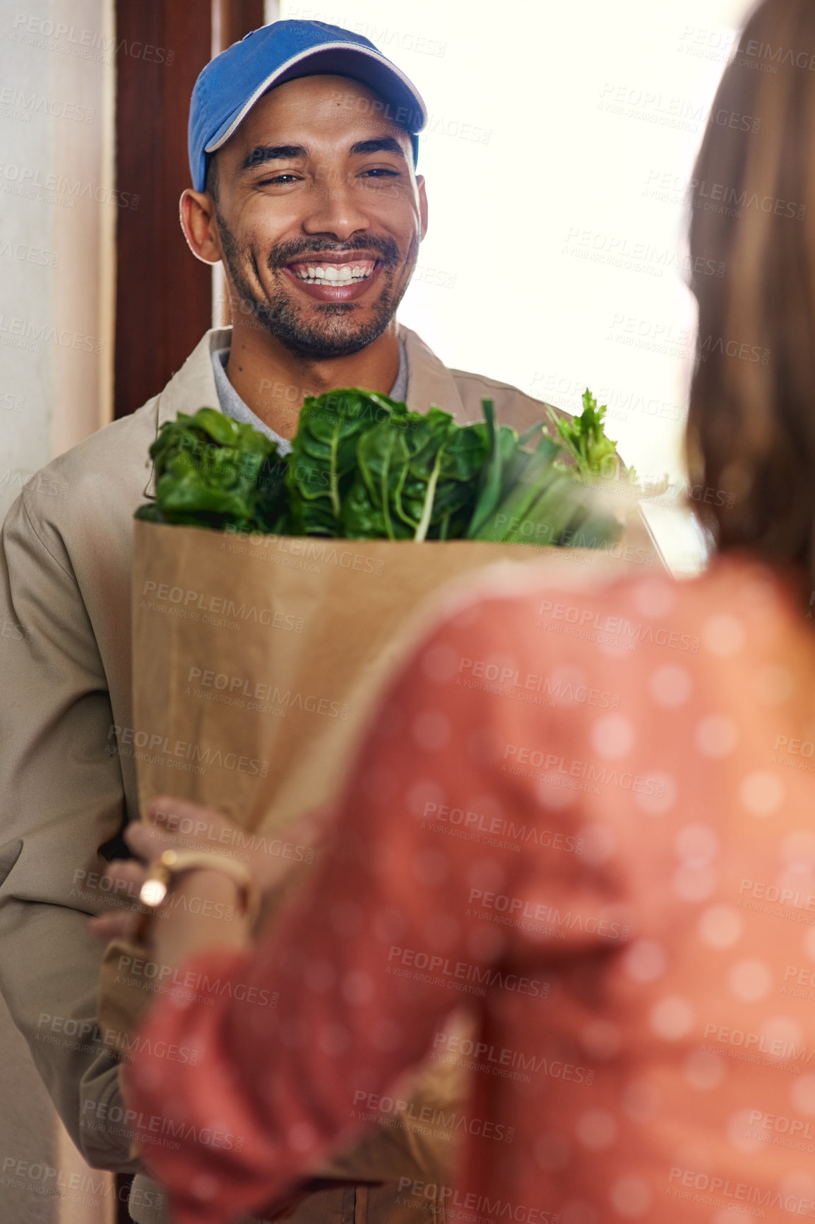 Buy stock photo Cropped shot of a handsome young man delivering groceries to a female customer