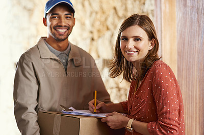 Buy stock photo Cropped portrait of an attractive young woman signing for her delivery