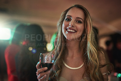 Buy stock photo Party, drink and portrait of woman in nightclub having fun at rave, concert and social event with alcohol. Celebration, birthday and happy girl enjoying night with music, crowd and cocktail at disco
