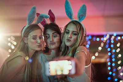 Buy stock photo Phone, party or friends take a selfie for a social media profile picture on girls night in celebration of a happy birthday. Faces, freedom or young gen z women taking pictures for online content 