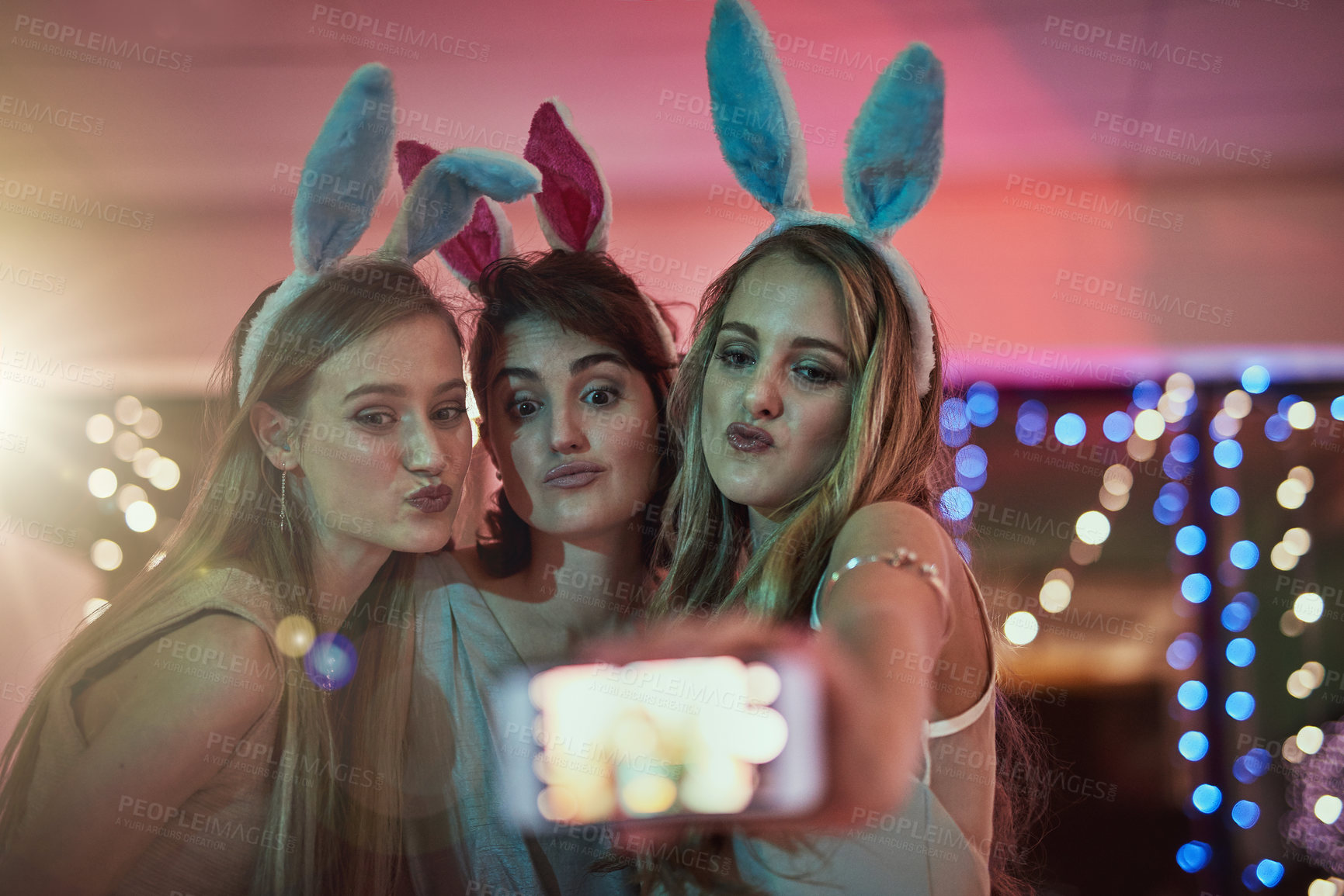 Buy stock photo Phone, party or friends take a selfie for a social media profile picture on girls night in celebration of a happy birthday. Faces, freedom or young gen z women taking pictures for online content 