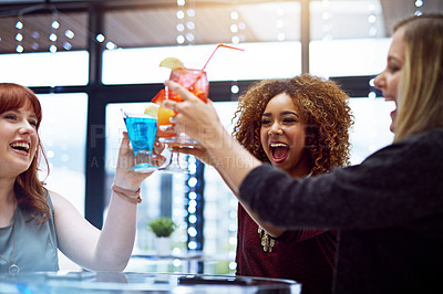 Buy stock photo Women, happy and cheers in club for party or event for cocktail, bonding and friendship with fun or laughter. Alcohol, toast and raising glasses with excitement for celebration, together and drink