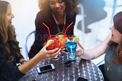 Buy stock photo Friends with cocktail, toast at club for happy hour, women together for celebration and ladies night with event and alcohol drinks. Happy, fun and female group having cocktails with social gathering.