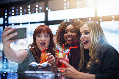 Buy stock photo Women, friends and phone selfie at club with drinks, having fun or bonding. Night, celebration and group of girls taking a photo on mobile smartphone for happy memory, social media or profile picture