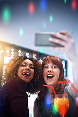 Buy stock photo Friends, selfie and women party and holiday celebration with cocktails at new year event and smile in photo, smartphone and happy. Social, celebrate holiday and happiness in picture with alcohol.