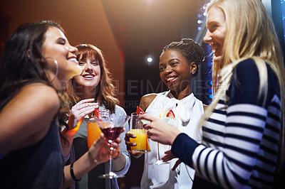 Buy stock photo Club drinks, night and women at a party, happy hour and social celebration for happiness. Disco communication, diversity and friends at an event with cocktails at a nightclub with music and smile