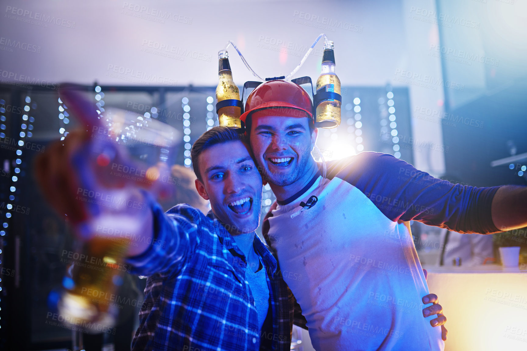 Buy stock photo Friends, happy and excited in club for party, event or nightlife, bonding and friendship with fun or laughter. Alcohol, beer and nightclub with energy for celebration, birthday and social drink