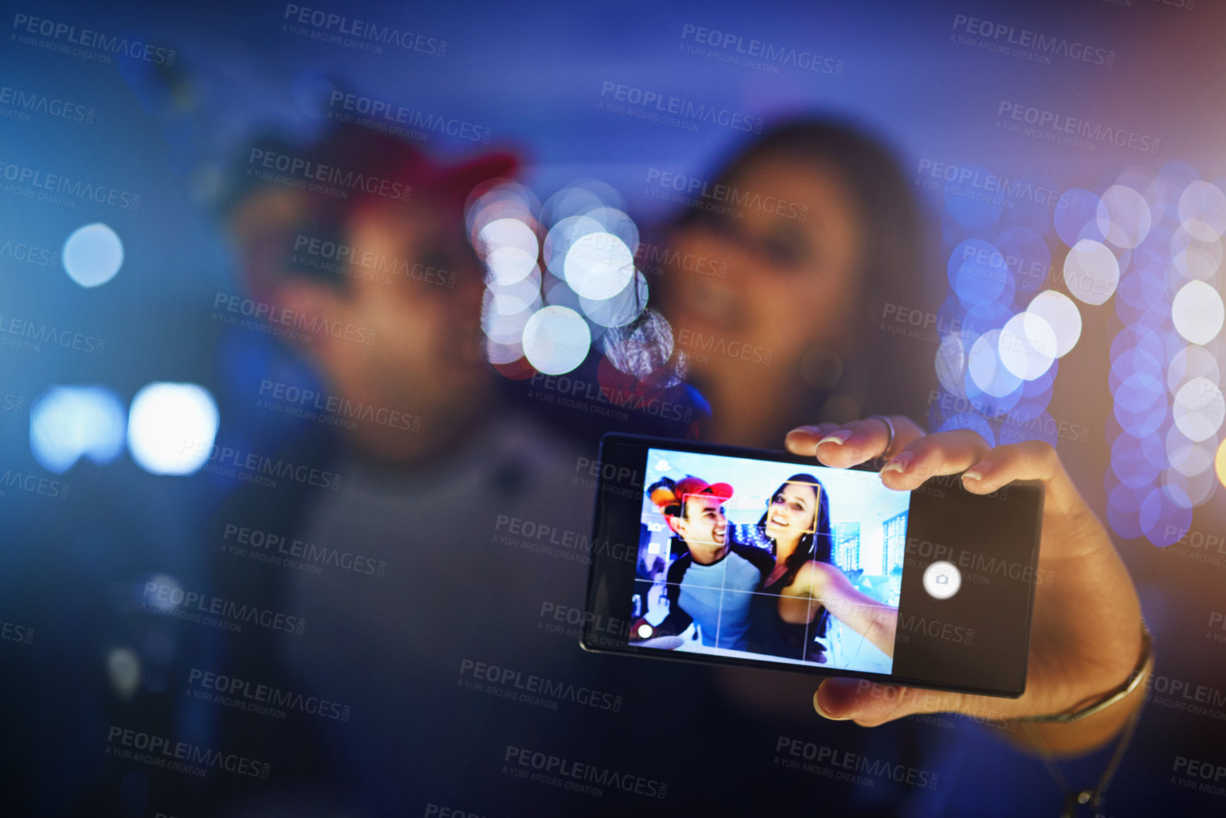 Buy stock photo Party, nightclub and couple taking selfie with phone enjoy weekend, date night and celebration at club. Social media, love and man and woman with picture on screen at rave, disco and social event