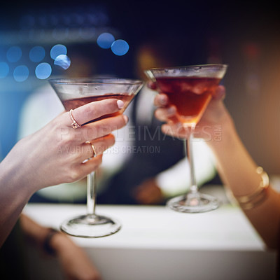 Buy stock photo Hands, cocktail and party with friends drinking together in a nightclub for a new year celebration. Glass, toast and event with a female and friend celebrating with a cheers in a music club or disco
