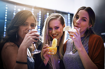 Buy stock photo Friends with cocktail drinks, women party at nightclub with alcohol and ladies night in Los Angeles, happy hour portrait. Cocktails, smile and fun together at club, celebration or social event.