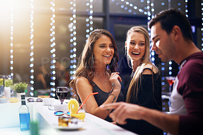 Buy stock photo Party, people and cocktail at a club for birthday, celebration and  having fun at a nightclub, smile and talking. Friends, pub and happy hour by man and women celebrate event, new years or weekend