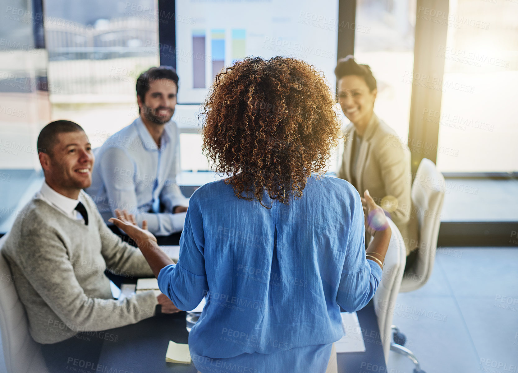 Buy stock photo Business woman, coach and discussion with team in meeting, presentation or corporate revenue at office. Female person or speaker talking to employees with graph, chart or data for profit at workplace