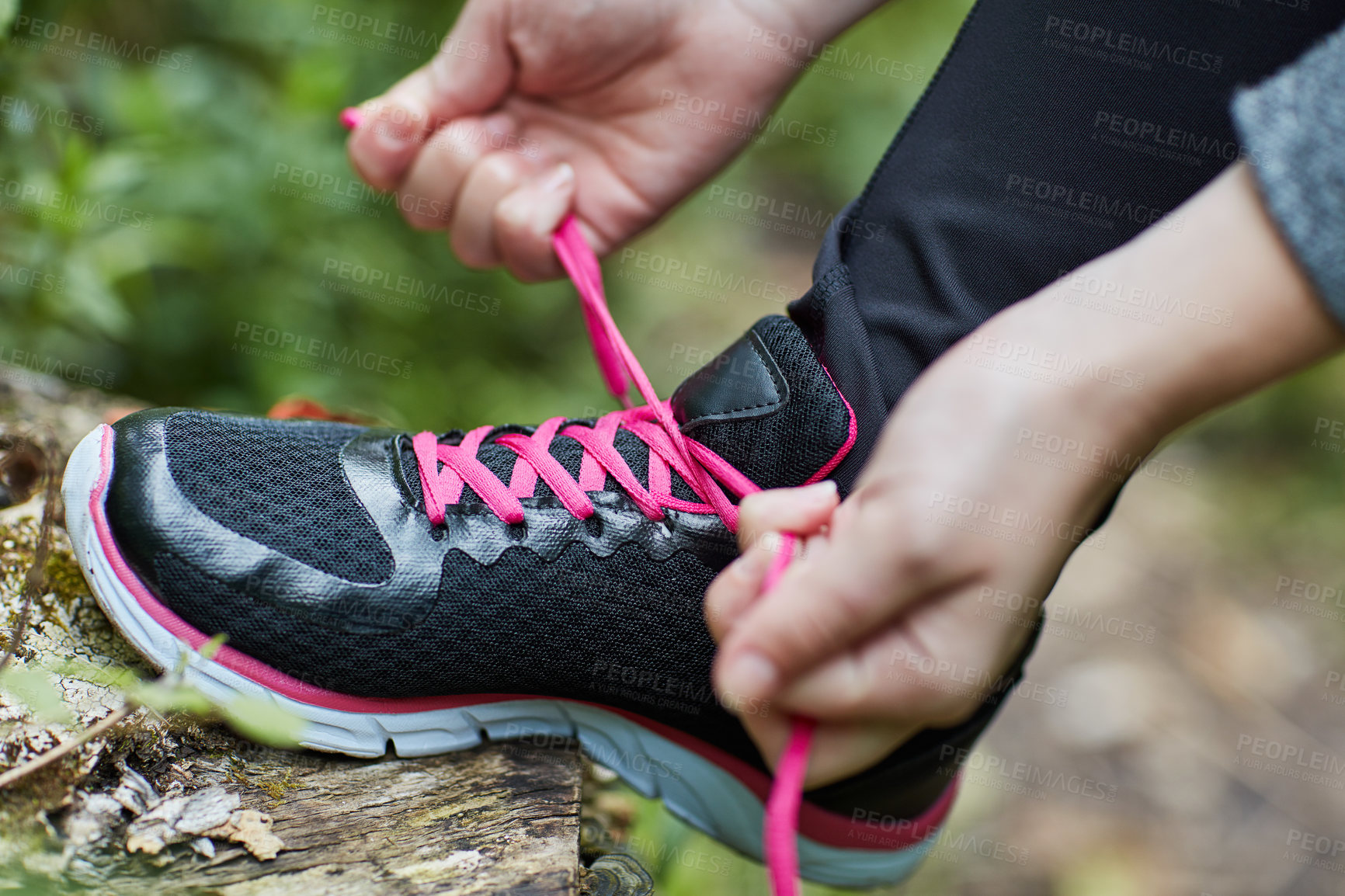 Buy stock photo Shot of an unidentifiable young woman tying her shoelaces while hiking in the forest